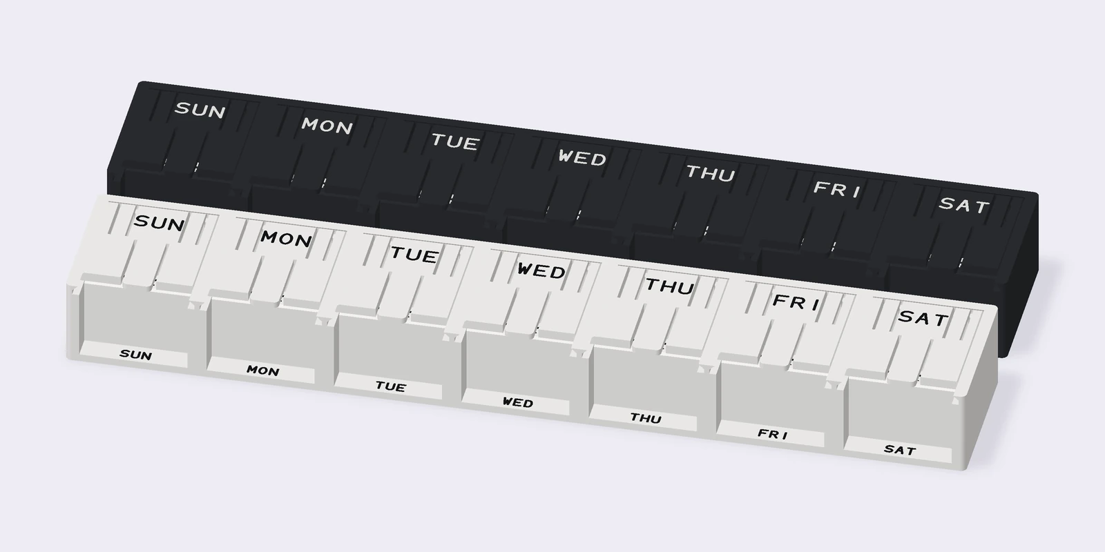 3D render of two closed DYTYM organizers: a black evening one with white day names behind a white morning one with black day names.
