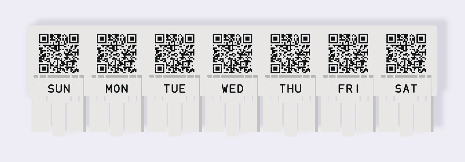3D render, from above, of the white DYTYM seven-day organizer with every lid slid open, showing a black demo QR code on each compartment floor and the day names SUN to SAT.