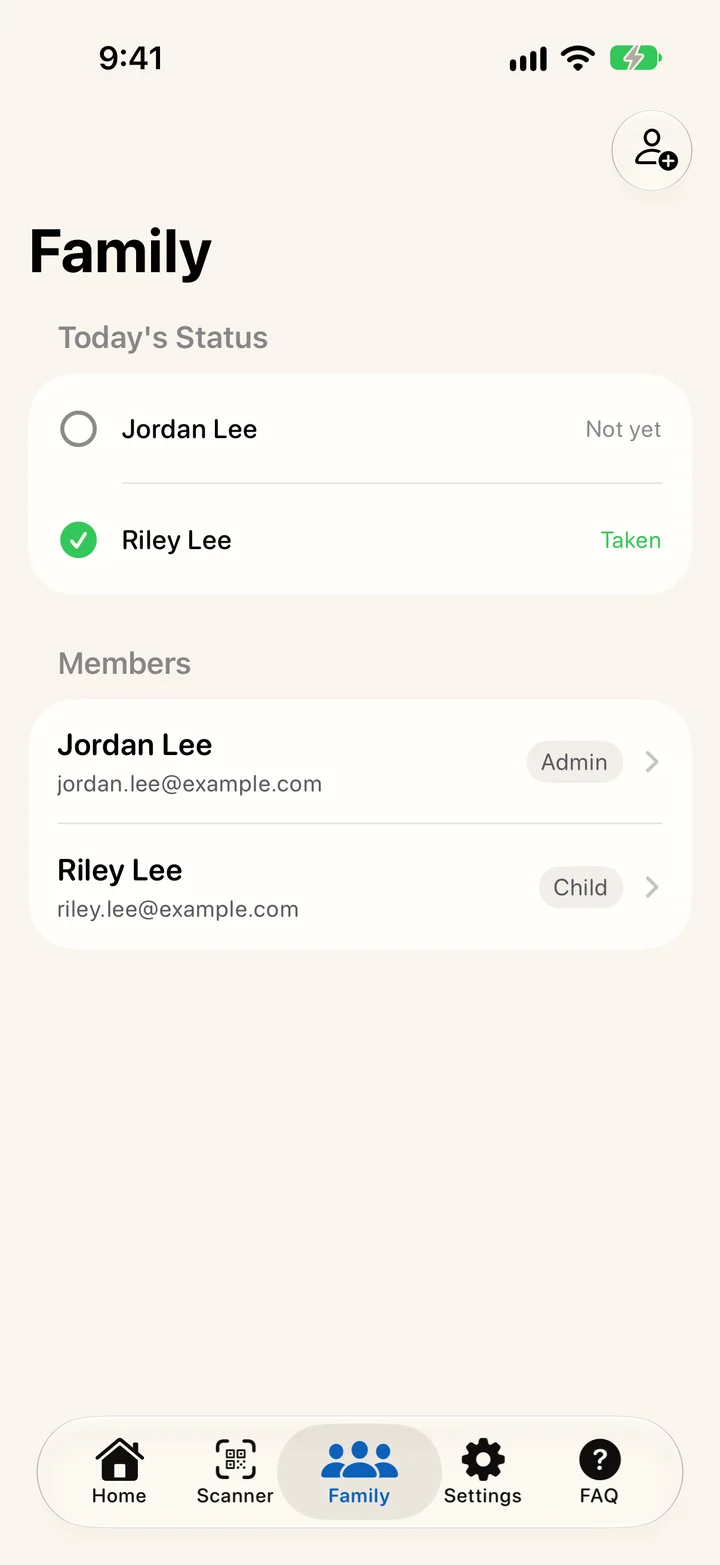 DYTYM Family screen for a sample household: today's status shows Riley Lee taken and Jordan Lee not yet, above the member list with Jordan as Admin and Riley as Child.