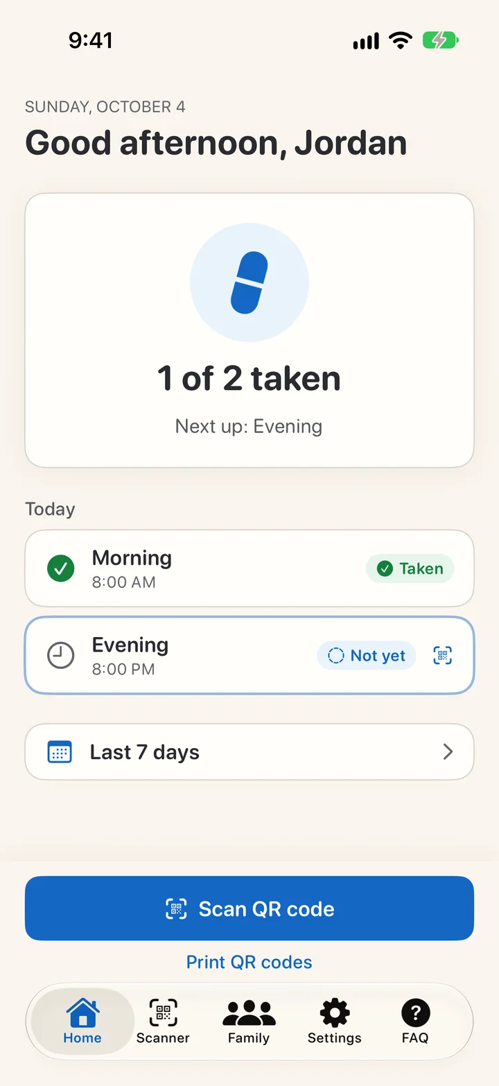 DYTYM home screen for a sample user, Jordan, showing 1 of 2 doses taken today: Morning at 8:00 AM taken, Evening at 8:00 PM not yet, a Last 7 days link and a Scan QR code button.