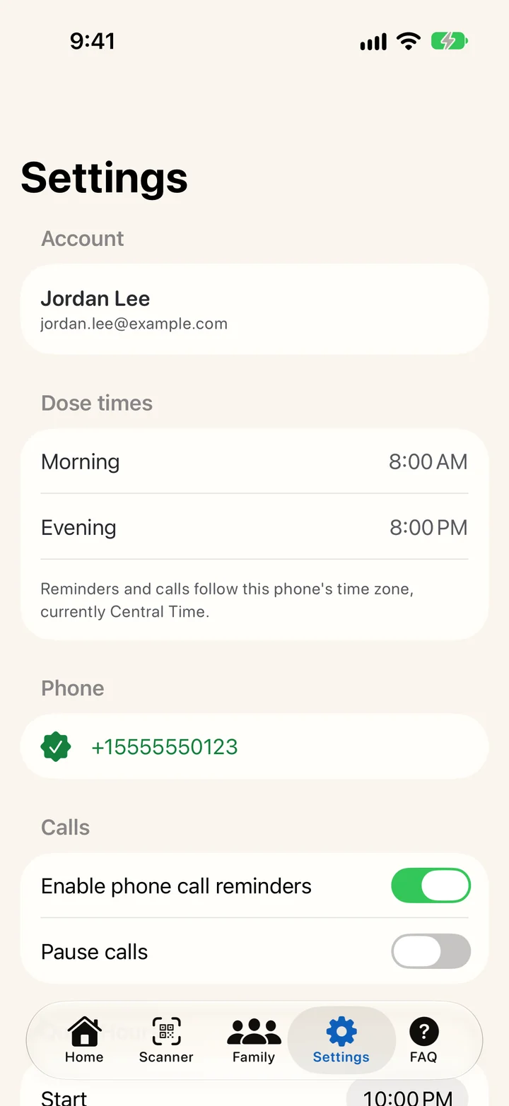 DYTYM Settings for a sample account showing Morning and Evening dose times, a verified fictional phone number, and phone call reminders switched on.