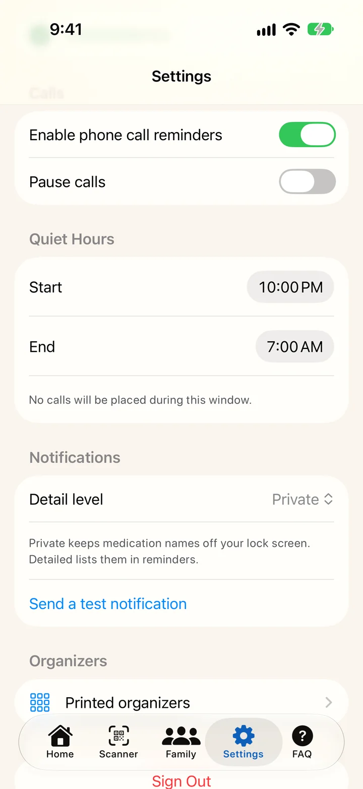 DYTYM Settings scrolled to quiet hours from 10:00 PM to 7:00 AM, notification detail level set to Private, a test notification button, and Printed organizers.
